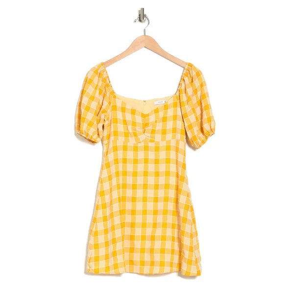 NEW Lush Checker Gingham Plaid Ruched Sweetheart Mini Dress Marigold Yellow M - Picture 8 of 8